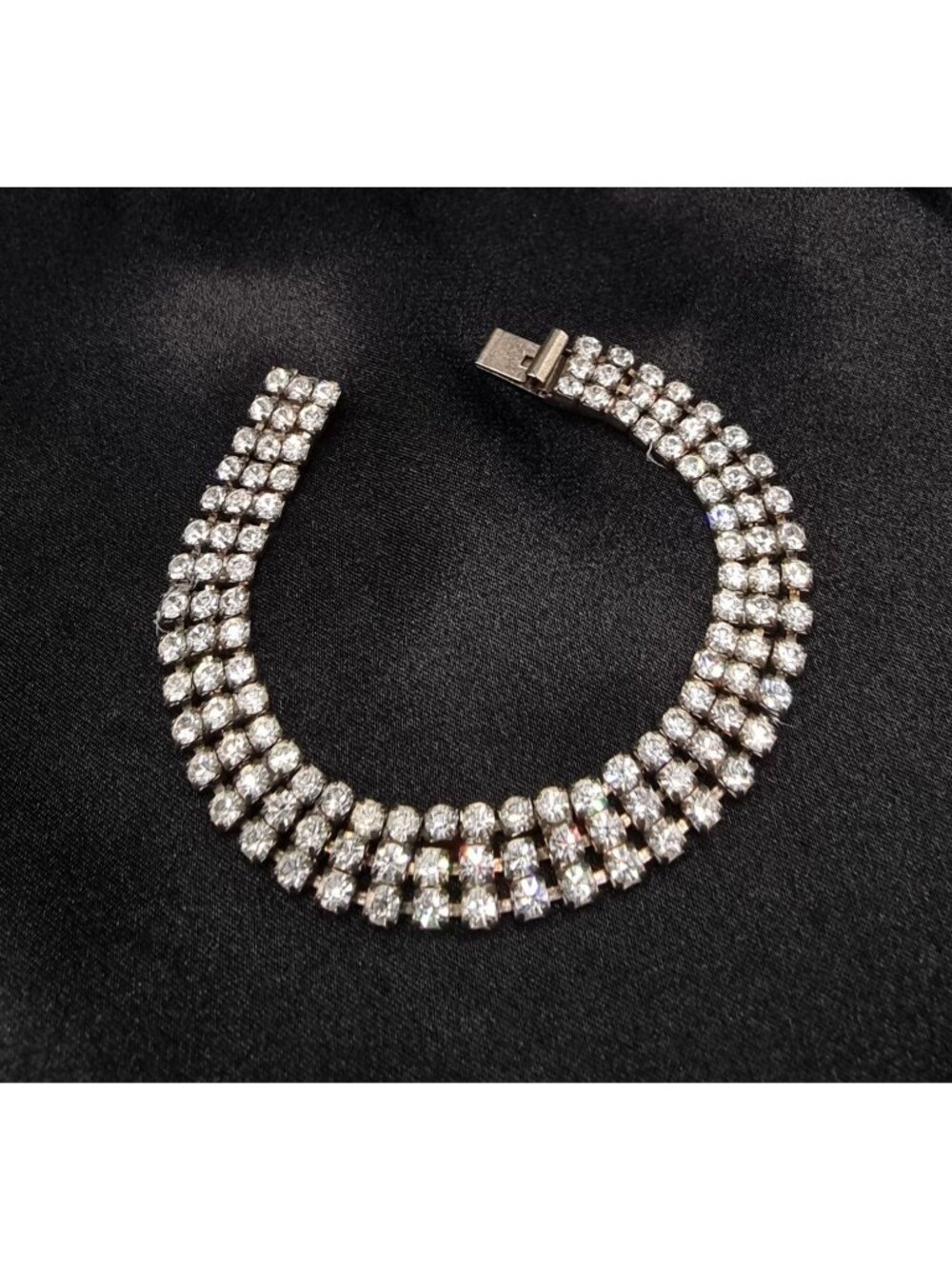 Vintage 1950's Rhinestone Triple Row Silver-Tone Bracelet With Box Clasp